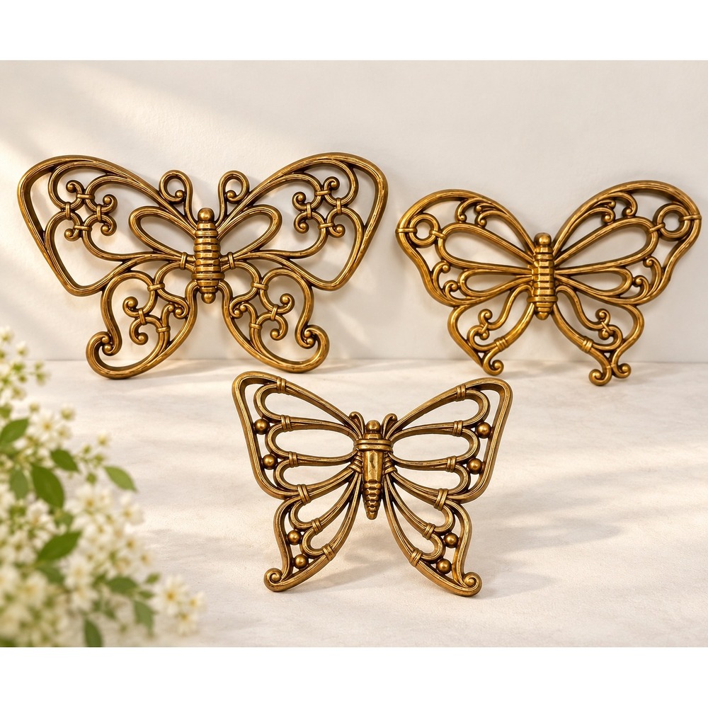 Vintage Syroco Homco Gold Butterfly Wall Decor Set 3 MCM Regency Cottagecore